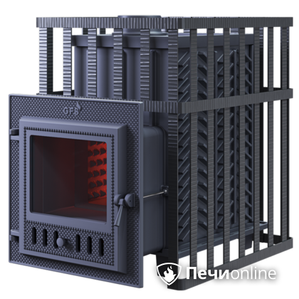 Дровяная банная печь Гефест ЗК в сетке-18 (М) чугунная дверца со стеклом, запатентованная каменка сетка в Копейске